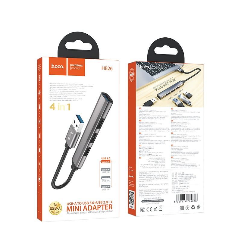 USB jaotur Hoco HB26 4-in-1 adapter USB-A to 1xUSB3.0 + 3xUSB2.0 hall - Image 3