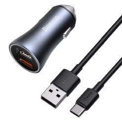 Autolaadija 40W USB-C kaabliga (adapter 2x USB 20W + kaabel USB-C 1m), QC3.0 kiirlaadimine, must/hall, Baseus
