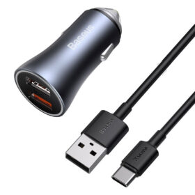 Autolaadija 40W USB-C kaabliga (adapter 2x USB 20W + kaabel USB-C 1m), QC3.0 kiirlaadimine, must/hall, Baseus