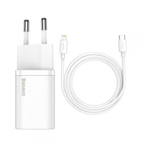 Toalaadija Apple iPhone Lightning otsikuga 20W PD (adapter Power Delivery + USB-C kaabel 1m), kiirlaadimine, valge, Baseus