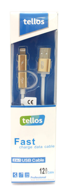Laadimisjuhe Tellos TPE 2in1 microUSB-Lightning kuld, 1.2m