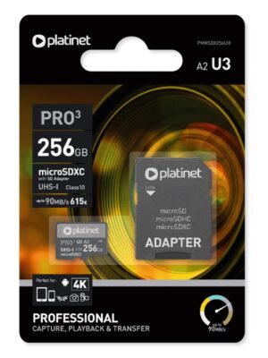 Memory card Platinet MicroSD 256GB (class10 UHS-III 90MB/S) + SD Adapteris