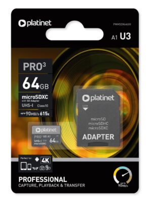 Memory card Platinet MicroSD 64GB (class10 UHS-III 90MB/S) + SD Adapteris