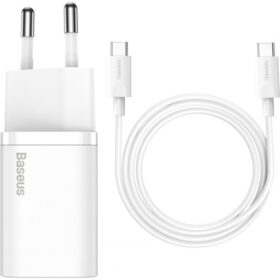 Laadija Baseus Super Si 25W USB-C + USB-C to USB-C cable 1.0m valge TZCCSUP-L02