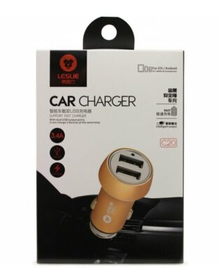Autolaadija Leslie C20 Metal koos 2 USB 3.4A kuldsed värvid