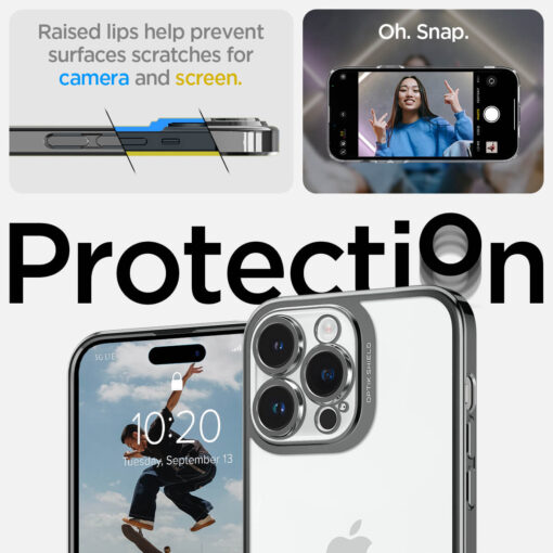 Kaitseümbris Optik Crystal, Apple iPhone 14 Pro Max, tagakaamera kaitsega, läbipaistev tumehalli äärega, Spigen - Image 12