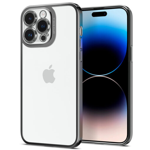 Kaitseümbris Optik Crystal, Apple iPhone 14 Pro, tagakaamera kaitsega, läbipaistev tumehalli äärega, Spigen
