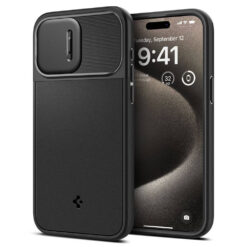 Kaitseümbris Optik Armor MagFit, Apple iPhone 15 Pro Max, must, kaamera kattega, MagSafe, Spigen