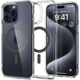 Kaitseümbris Ultra Hybrid MagFit, Apple iPhone 15 Pro, läbipaistev tumehalli MagSafe ringiga, Spigen