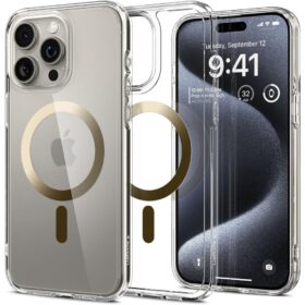 Kaitseümbris Ultra Hybrid MagFit, Apple iPhone 15 Pro, läbipaistev kuldse MagSafe ringiga, Spigen