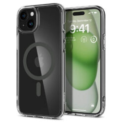 Kaitseümbris Ultra Hybrid MagFit, Apple iPhone 15, läbipaistev tumehalli MagSafe ringiga, Spigen