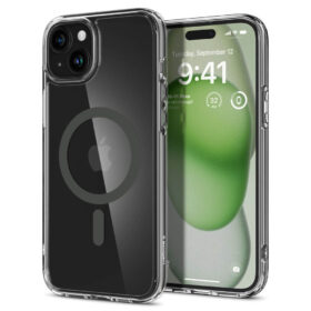 Kaitseümbris Ultra Hybrid MagFit, Apple iPhone 15, läbipaistev tumehalli MagSafe ringiga, Spigen