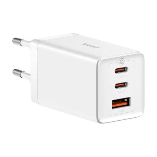 Toalaadija adapter 65W, 2x USB-C + USB juhtmele, valge, GaN5 Pro PD 3.0 kiirlaadimine, komplektis USB-C <-> USB-C kaabel 1m, Baseus