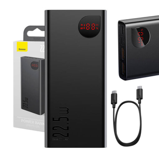 Akupank 2x USB + USB-C pesaga, 20.000 mAh, 22.5W, metallist korpus, must, Baseus