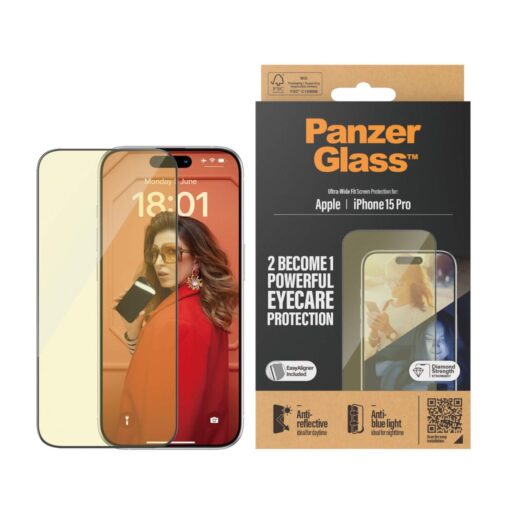 Kaitseklaas silmasõbralik Apple iPhone 15 Pro, peegeldumise ja sinise valguse vastane, Ultra-Wide Fit, PanzerGlass - Image 2