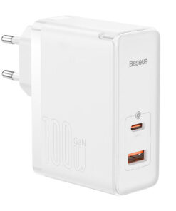 Toalaadija adapter 100W, USB-C + USB juhtmele, valge, GaN5 Pro PD 3.0 kiirlaadimine, komplektis USB-C <-> USB-C kaabel 1m, Baseus