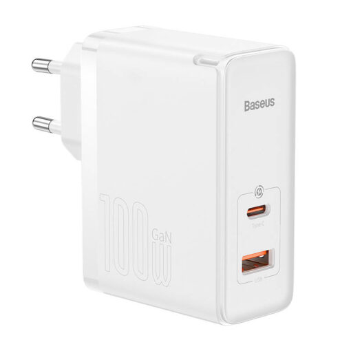 Toalaadija adapter 100W, USB-C + USB juhtmele, valge, GaN5 Pro PD 3.0 kiirlaadimine, komplektis USB-C <-> USB-C kaabel 1m, Baseus