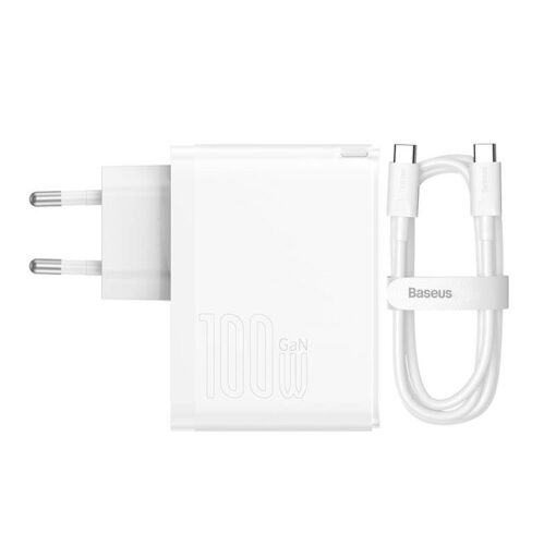 Toalaadija adapter 100W, USB-C + USB juhtmele, valge, GaN5 Pro PD 3.0 kiirlaadimine, komplektis USB-C <-> USB-C kaabel 1m, Baseus - Image 2