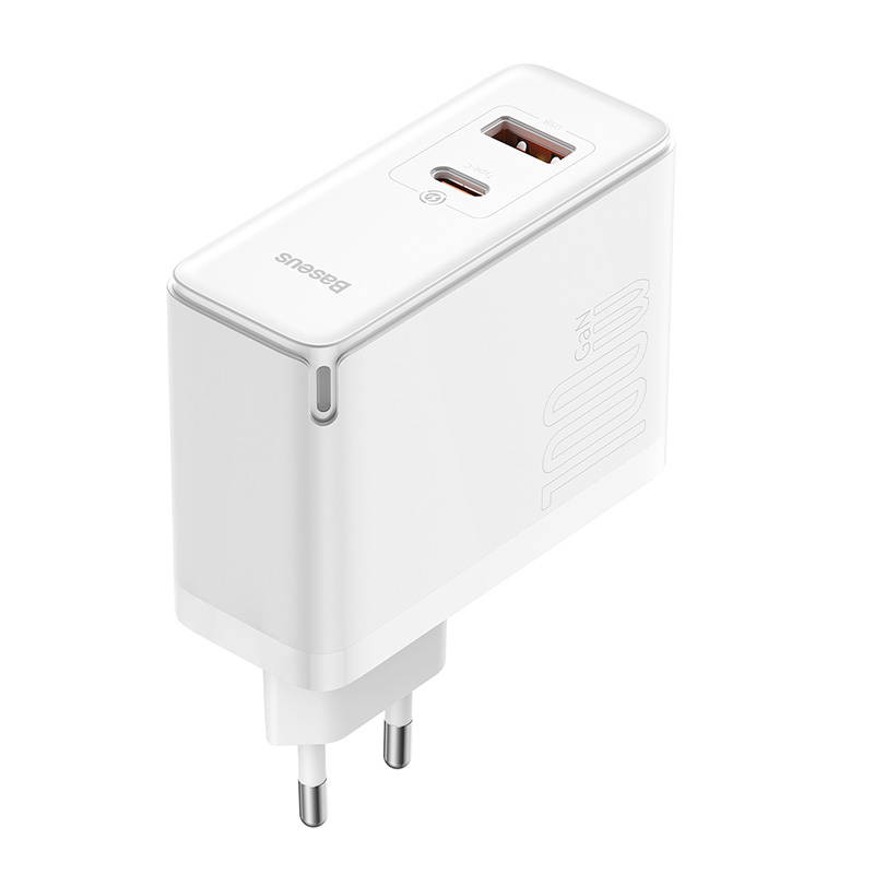 Toalaadija adapter 100W, USB-C + USB juhtmele, valge, GaN5 Pro PD 3.0 kiirlaadimine, komplektis USB-C <-> USB-C kaabel 1m, Baseus - Image 3