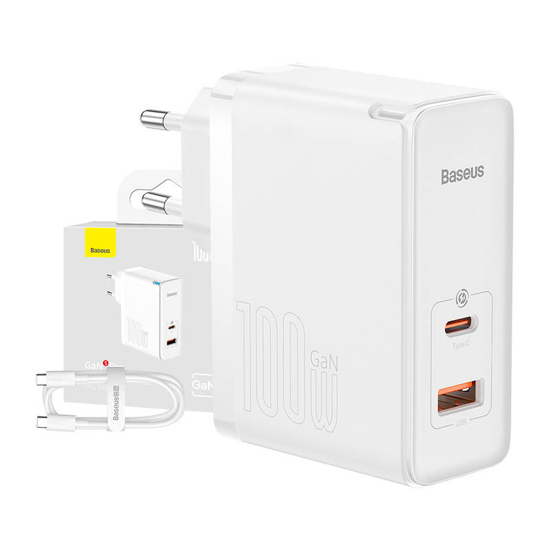 Toalaadija adapter 100W, USB-C + USB juhtmele, valge, GaN5 Pro PD 3.0 kiirlaadimine, komplektis USB-C <-> USB-C kaabel 1m, Baseus - Image 5