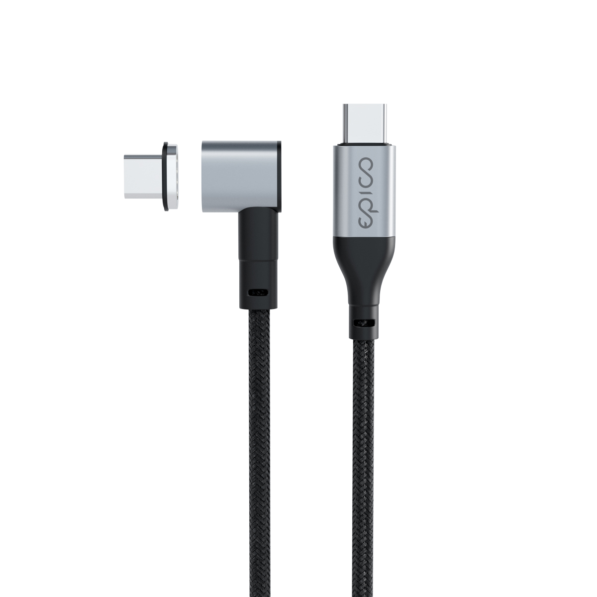 USB-kaabel USB-C otsik <-> USB-C L-kujuga magnetotsik, 2m, tumehall, 100W, punutud kaabliga, Epico - Image 2