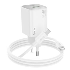 Laadija Hoco N41 20W GaN USB-A/USB-C + USB-C to USB-C cable 1.0m valge