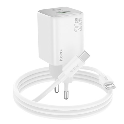 Laadija Hoco N41 20W GaN USB-A/USB-C + USB-C to USB-C cable 1.0m valge