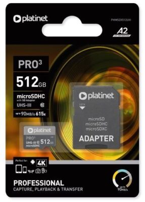 Memory card Platinet MicroSD 512GB (class10 UHS-III 90MB/S) + SD Adapteris