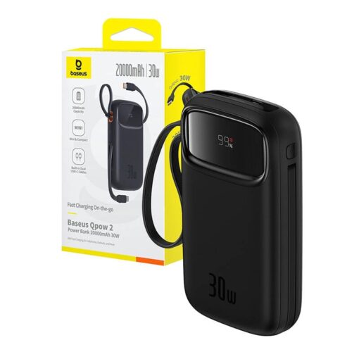 Akupank USB + USB-C pesaga + 2x USB juhtmega, 20.000 mAh, 30W, must, QPow 2, Baseus