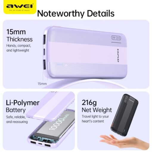 Väline aku Power Bank Awei P20K 5V/2.4A 10000mAh must - Image 3