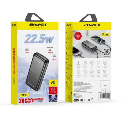 Väline aku Power Bank Awei P13K PD20W/QC22.5W 20000mAh must - Image 5