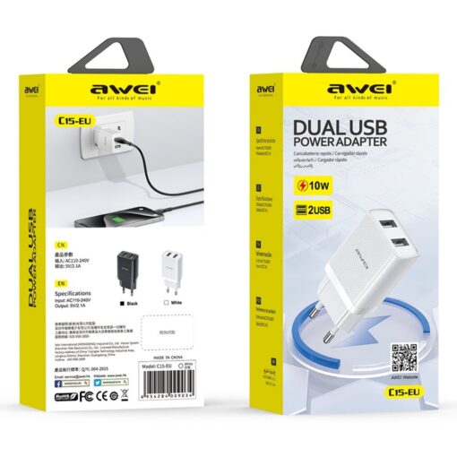 Laadija Awei C15T-EU 10W 2xUSB-A + USB-A to USB-C cable 1.0m valge - Image 5