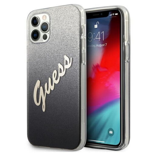 Guess case for iPhone 12 / 12 Pro 6,1" GUHCP12MPCUGLSBK black hard case Glitter Gradient Script