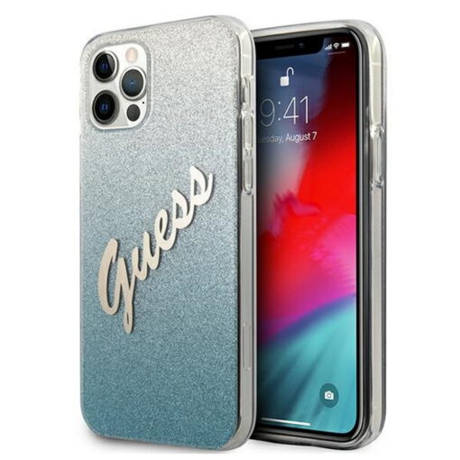 Guess case for iPhone 12 / 12 Pro 6,1" GUHCP12MPCUGLSBL blue hard case Glitter Gradient Script