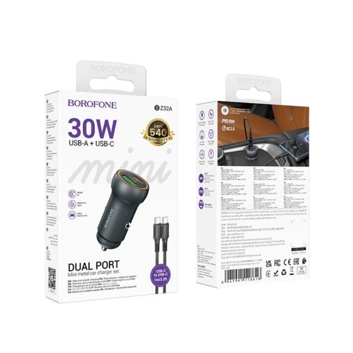 Autolaadija Borofone BZ32A USB-C/USB-A 30W + USB-C to USB-C cable hall - Image 4