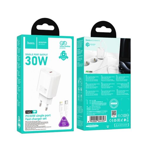 Laadija Hoco N62 30W GaN USB-C + USB-C to Lightning cable 1.0m valge - Image 5