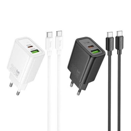 Laadija Hoco N63 30W GaN USB-C/USB-A + USB-C to USB-C cable 1.0m valge - Image 3