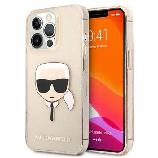 Karl Lagerfeld case for iPhone 13 Pro Max 6,7" KLHCP13XKHTUGLGO gold hard case Glitter Karl`s Head