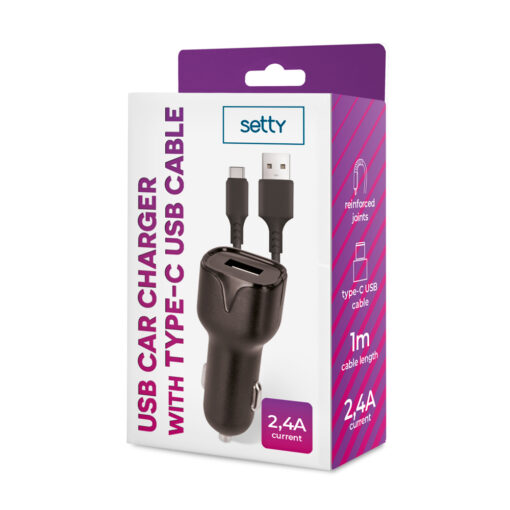 Setty car charger 1x USB 2,4A black + USB-C cable 1,0 m - Image 4