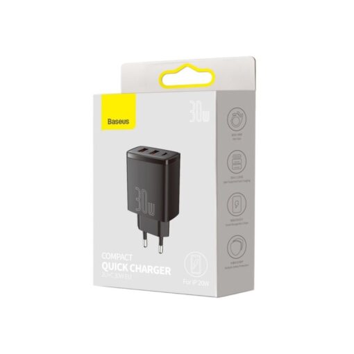 Baseus wall charger Compact PD 30W 1x USB-C 2x USB black - Image 6