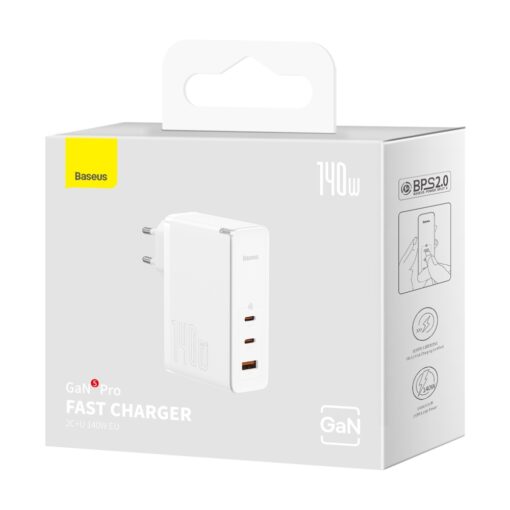 Baseus wall charger GaN5 Pro PD 140W 2x USB-C 1x USB white + USB-C - USB-C 240W cable - Image 9