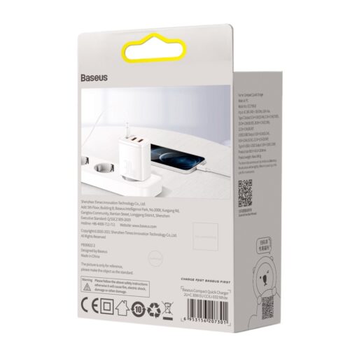 Baseus wall charger Compact PD 30W 1x USB-C 2x USB white - Image 7