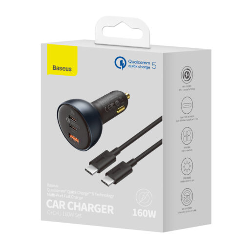 Baseus car charger QC 5 PD 160W 1x USB 2x USB-C black + cable USB-C - USB-C - Image 8