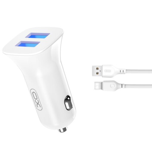 XO car charger TZ10 2x USB 2,4A white + USB-C cable