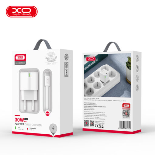 XO wall charger CE06 PD 30W 1x USB-C white + USB-C - USB-C cable - Image 2