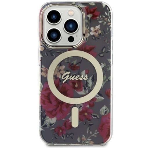 Guess case for iPhone 14 Pro 6,1" GUHMP14LHCFWSA khaki hardcase Magsafe IML Flower - Image 3