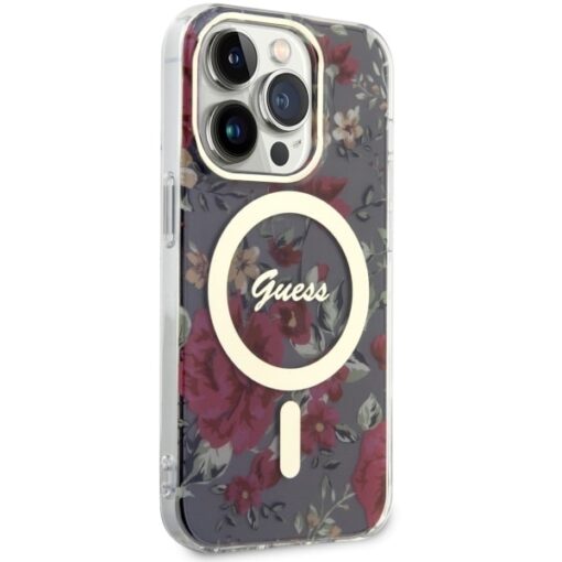 Guess case for iPhone 14 Pro 6,1" GUHMP14LHCFWSA khaki hardcase Magsafe IML Flower - Image 4