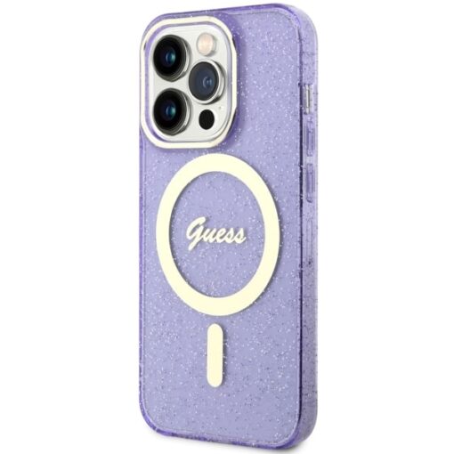 Guess case for iPhone 14 Pro 6,1" GUHMP14LHCMCGU purple hardcase Magsafe IML Glitter Gold - Image 2