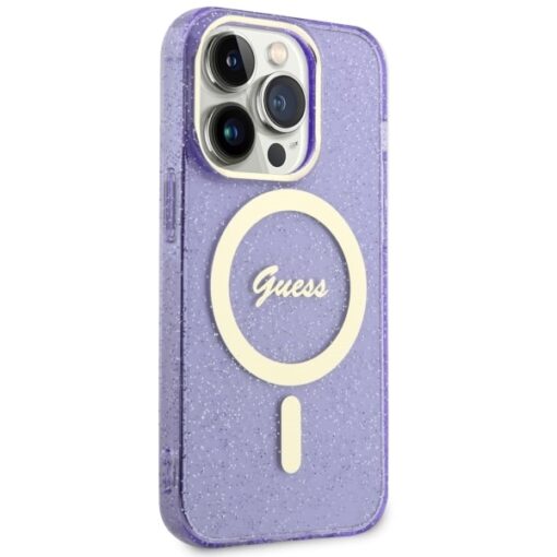 Guess case for iPhone 14 Pro 6,1" GUHMP14LHCMCGU purple hardcase Magsafe IML Glitter Gold - Image 4