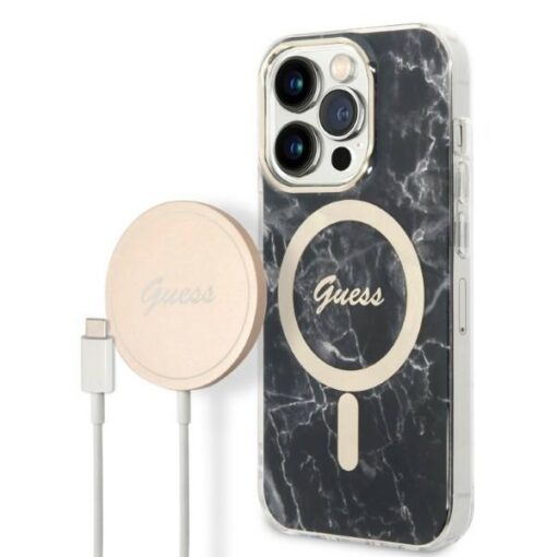 Guess set case + charger for iPhone 14 Pro Max 6,7" GUBPP14XHMEACSK black hard case Marble MagSafe